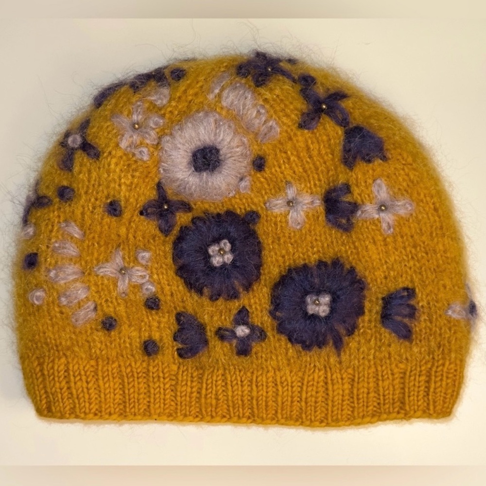 Charming Floral Knit Kids Beanie - Yellow and Purple